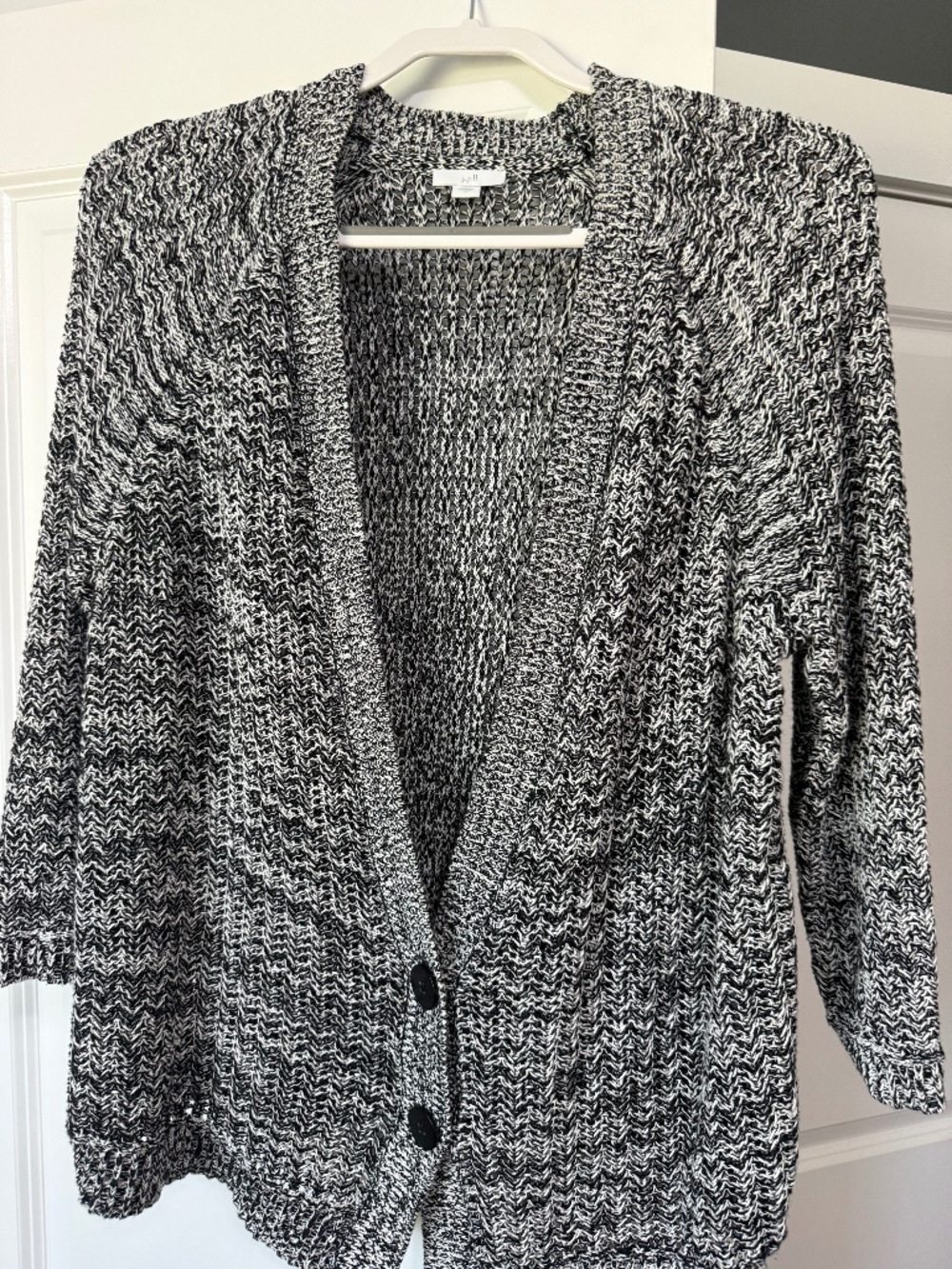 J. Jill Black White Marled Knit Cardigan Sweater Size Medium Chunky Open Front